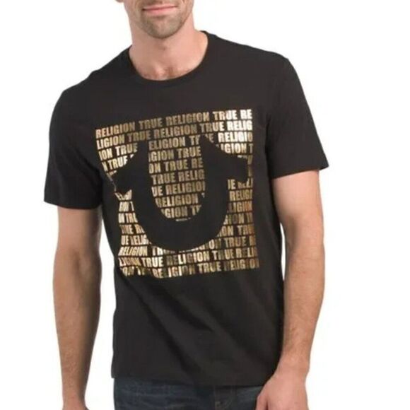 NWT True Religion Jet Black Logo Graphic Script Tee Size L - Picture 1 of 6